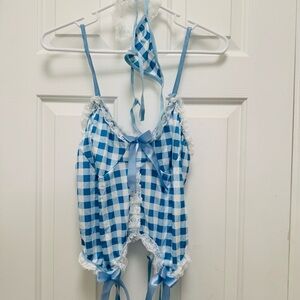Blue White Gingham Plaid Corset Bow Thong Garter NWT